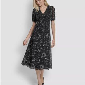 DKNY Black & White Polka Dot Midi Dress | V-Neck | NWT